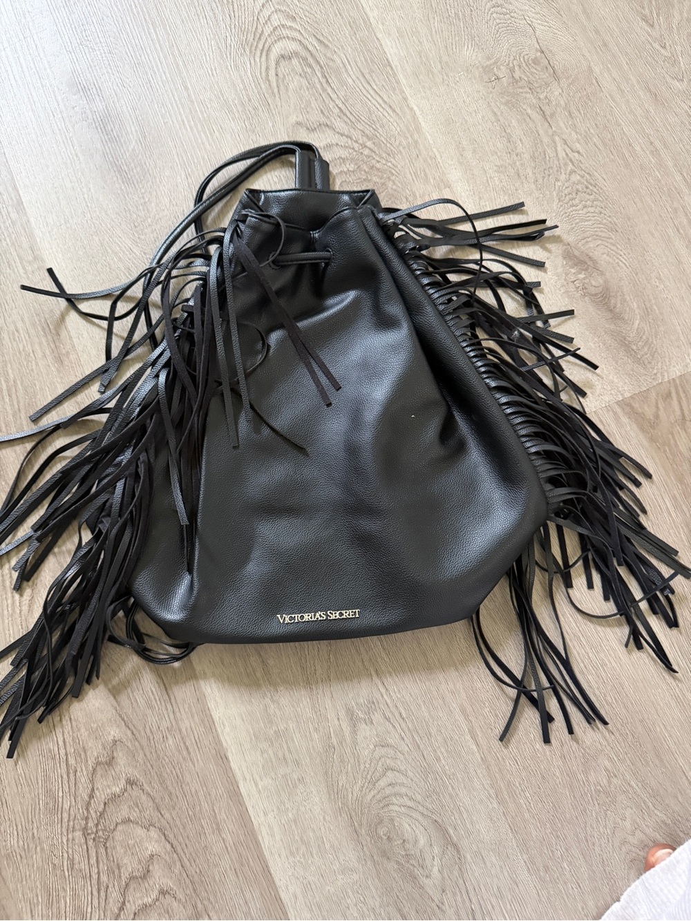 Victoria's Secret Black Fringe Drawstring Bucket Bag